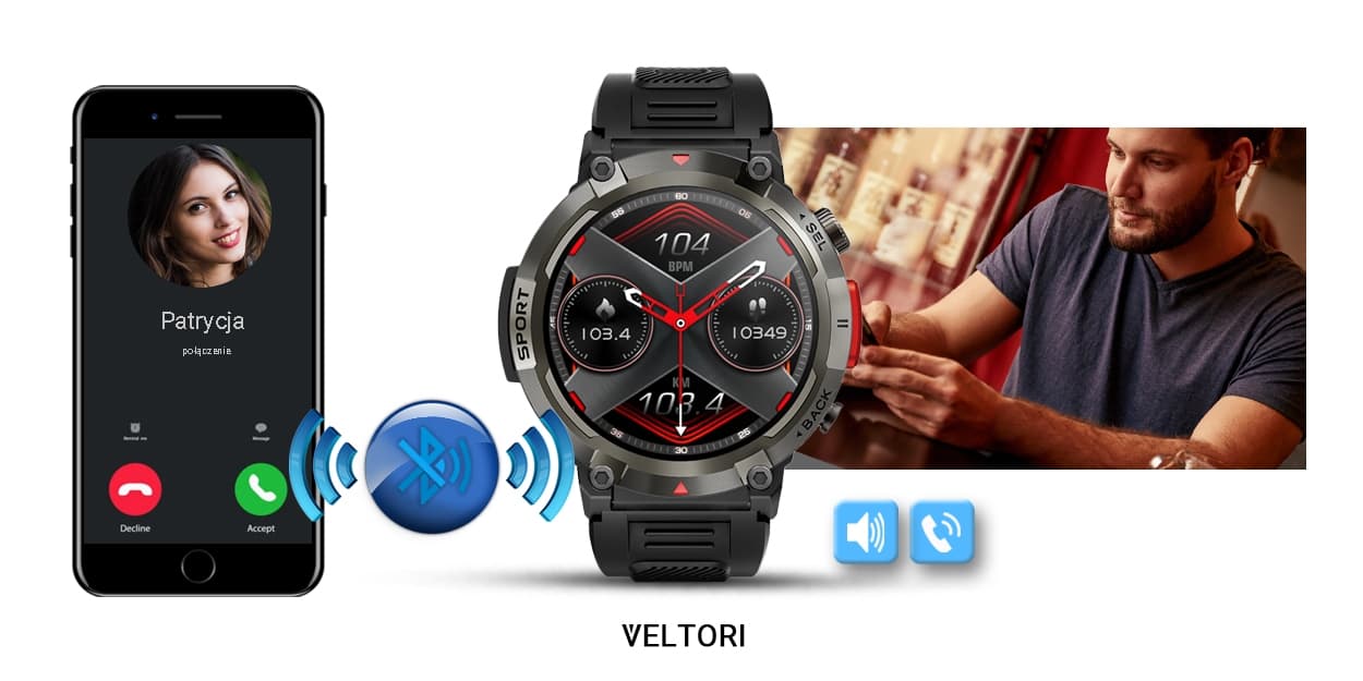 Smartwatch VELTORI VT140-1 Czarny Pasek Silikonowy