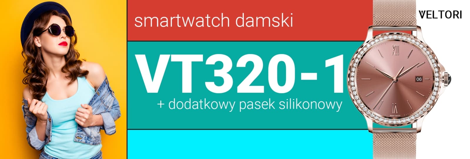 Smartwatch Damski VELTORI VT320-1 Złota Bransoleta + Różowy Pasek Silikonowy