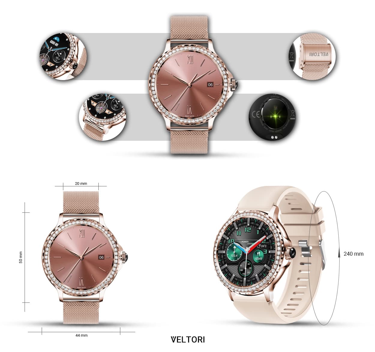 Smartwatch Damski VELTORI VT320-1 Złota Bransoleta + Różowy Pasek Silikonowy