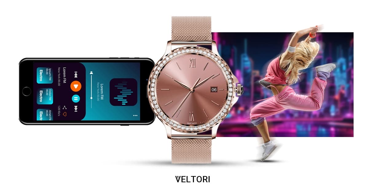 Smartwatch Damski VELTORI VT320-1 Złota Bransoleta + Różowy Pasek Silikonowy