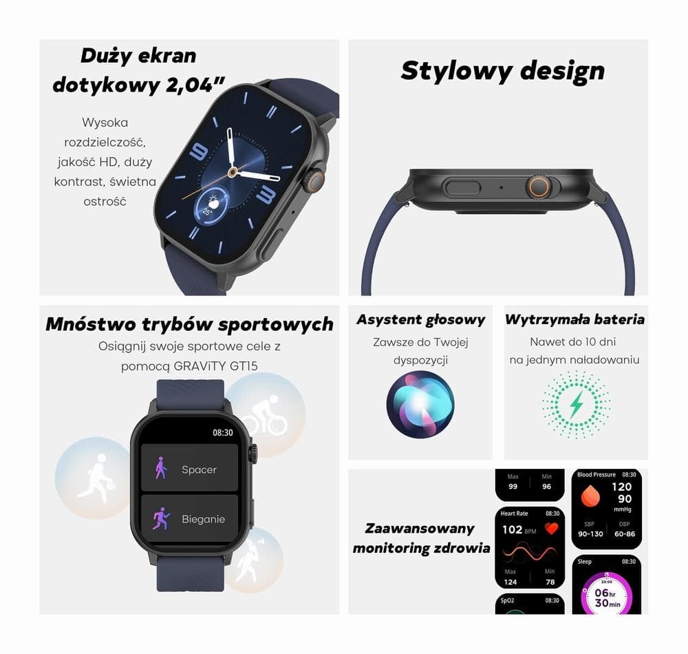 Smartwatch Damski GRAVITY GT15-11 Granatowy Pasek Silikonowy + Złota Bransoleta